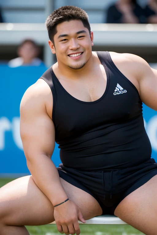 ((highest quality)), ((masterpiece)), (detailed), ((Perfect Face)), 4k, Shaved head, Young Japanese, Muscular, Fat body, Very big man, smile, ((showing off crotch)) A large Japanese man shirtless、whole body、Rugby player、Thick legs、Thick arm muscles、Intimidating、whole body、((wearing a very tight and very short black-shorts)), (shirtless)、((At the rugby field)), haka dance, sitting and spreading legs very wide