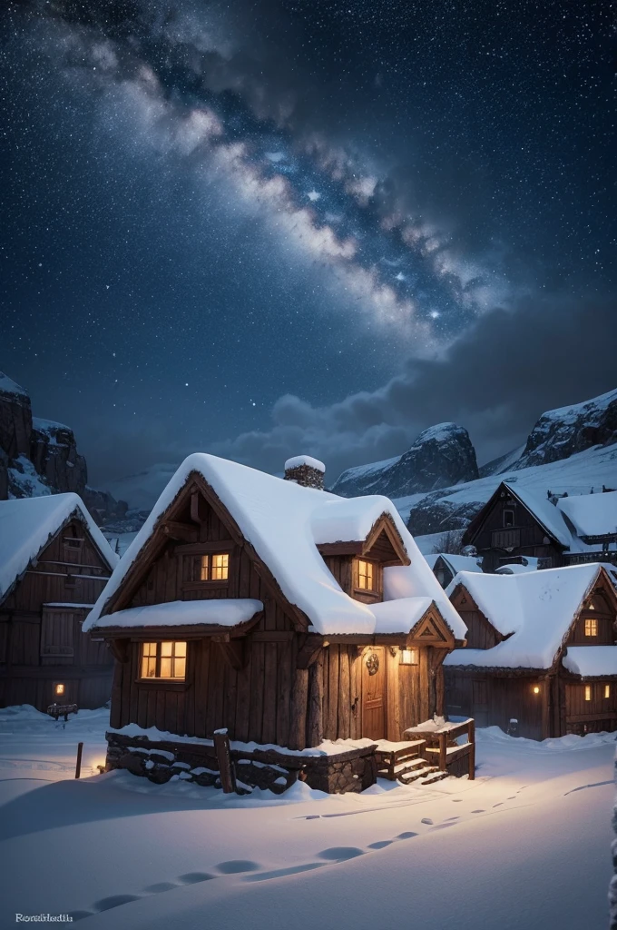 "Viking-style illustration of a snow-covered village called Frostholm, with rustic houses and howling winds, under a starry night sky"