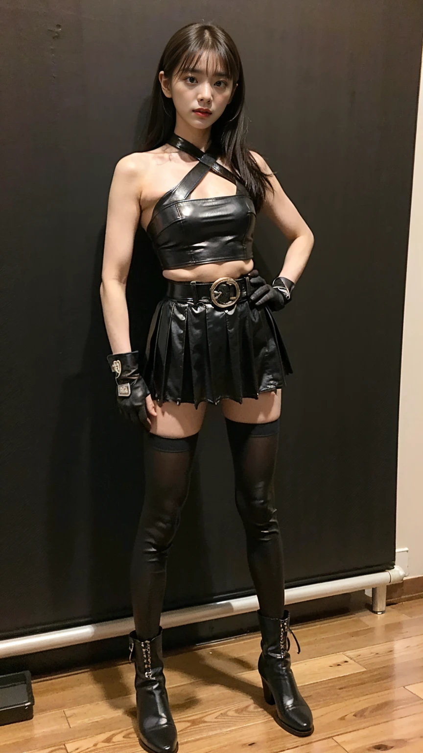 (8k、RAW Photos、Highest quality、masterpiece:1.2)、(Highest quality、Realistic)、1 Girl、((leather、Ninja costume、ガーターbelt、Tube top、Arm Coverini skirt、black、tights、Belly button、Gloves、belt、ribbon、See-through、Thin legs、whole body、boots、City of night、View from the front、Looking into the camera、Stand with hands on hips))、cute