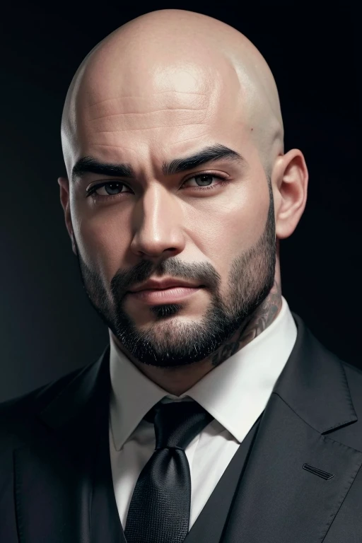 bald man, thinner nose, square jaw, mouth with medium lips, medium and slightly thick eyebrows, bad face, deep eyes, very muscular, with tattoos on his head and arm, a separate beard.
 Wearing a black suit with a red dress shirt and black tie.