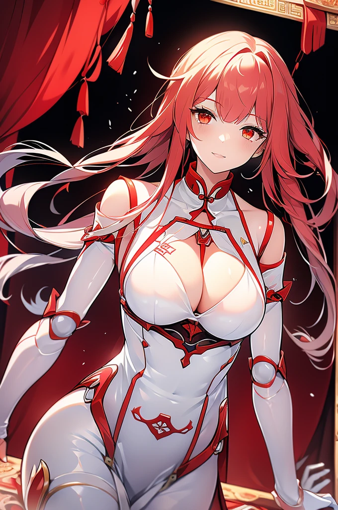 Silver and long hair、Red eyes、woman、美しいwoman、Large Breasts、White Machine Skin、The whole body of the machine、Mechanical joints、A mechanical body made entirely of red and white、sword、Red open-necked Chinese dress