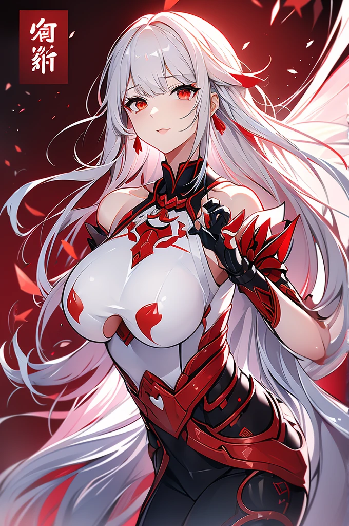 Silver and long hair、Red eyes、woman、美しいwoman、Large Breasts、White Machine Skin、The whole body of the machine、Mechanical joints、A mechanical body made entirely of red and white、sword、Red open-necked Chinese dress