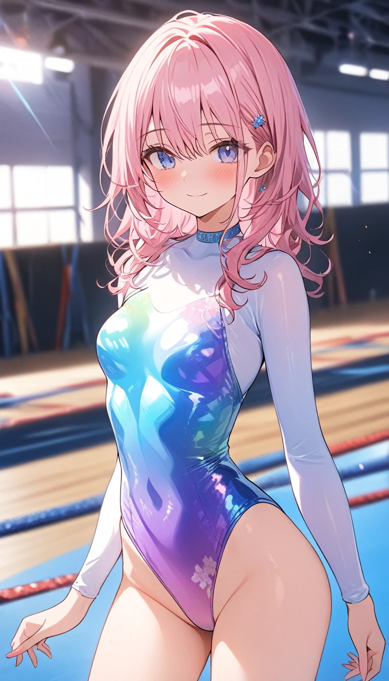highquality illustration, masterpiece, very delicate and beautiful, attractive girl,(gymnastics leotard, Floral patterns leotard,long sleeve leotard with glittery decoration,high_leg leotard,athletic leotard,tight-fit leotard,iridescent gradient leotard,long-sleeve leotard),thin,slender body,slim,high school,gymnasium background,gymnastics club,gymnastics athlete,princess, beautiful eyes,light smile,(masterpiece, best quality:1.2), highres, extremely detailed CG unity 8k wallpaper, perfect lighting, Colourful, ultra-high res,4K,ultra-detailed, photography, 8K, HDR, 17 ages,cowboy shot,