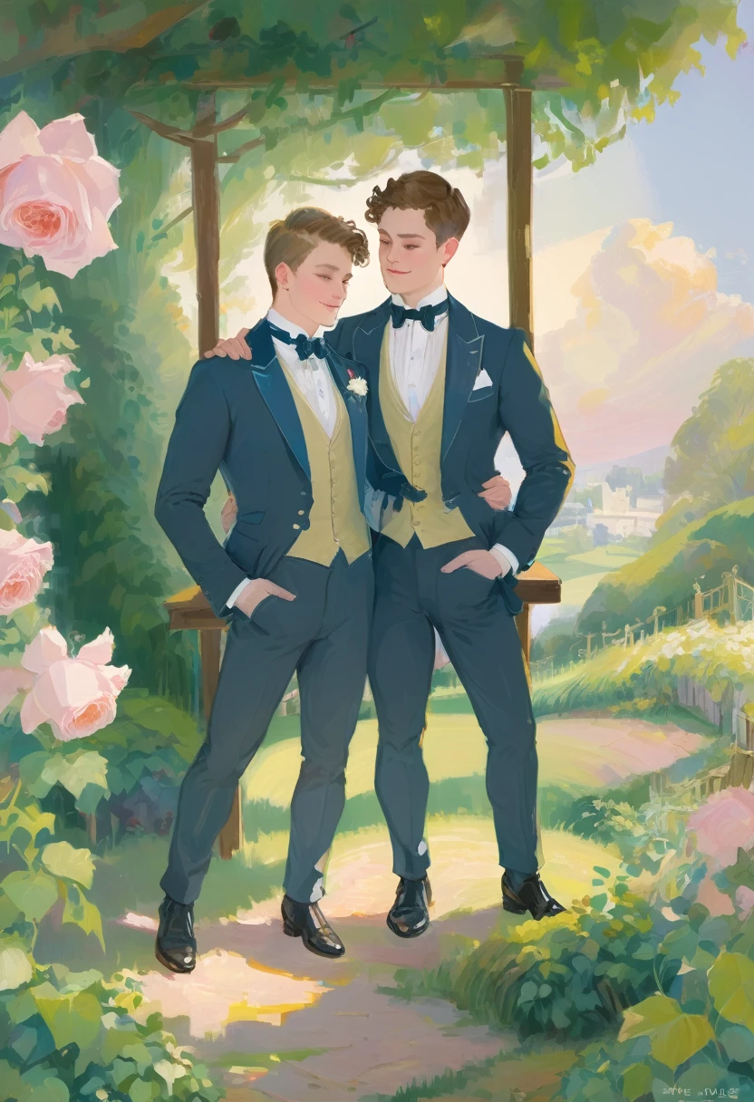 oil painting of handsome  gay couple of hunk irish mens with a wedding suits,cuddling,in a beautiful rose swing,morning bright, warm vibrant,by beatrix potter,soft shadows,dreamy,etheral atmosphere,masterpiece,baroque,masterpiece,sharp details,massive level of details,trending on pinterest,
