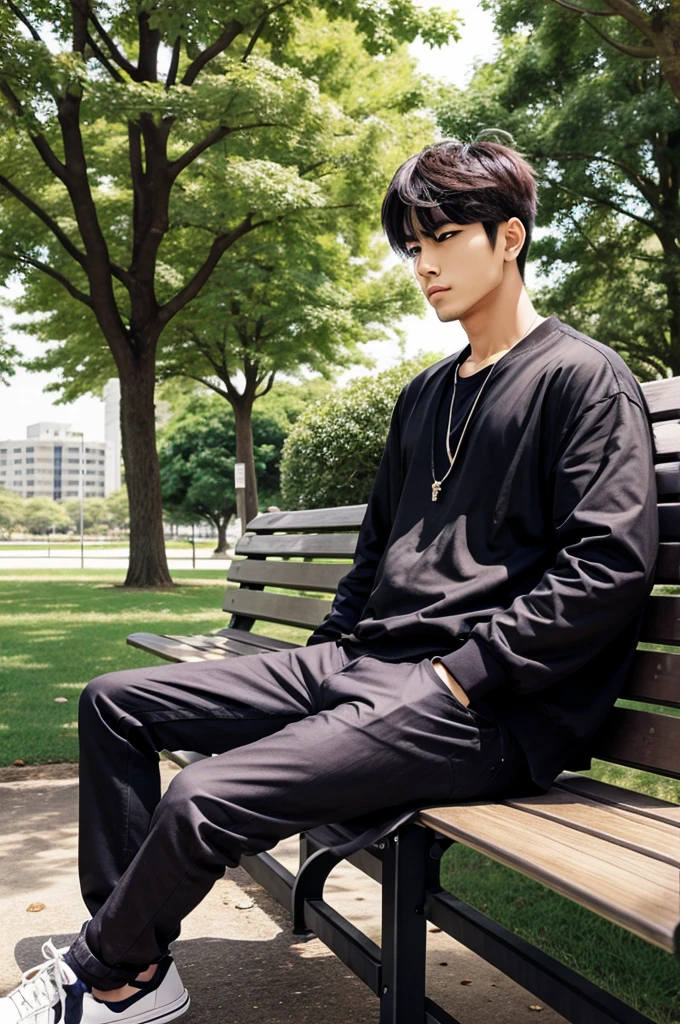Man sitting on a park bench with swag , manga art style