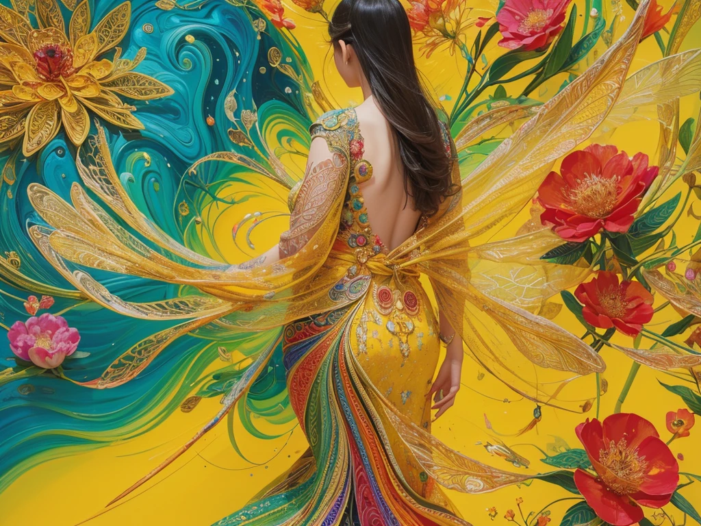 Highly detailed oil painting. Beautiful Thai girls wear flowing dresses. Wear long, flowing dresses in bright colors. back view yellow background Circle of flowers and dragonfly surrounding it Alcohol ink effect, fractals, quilling, surreal, bright color palette.