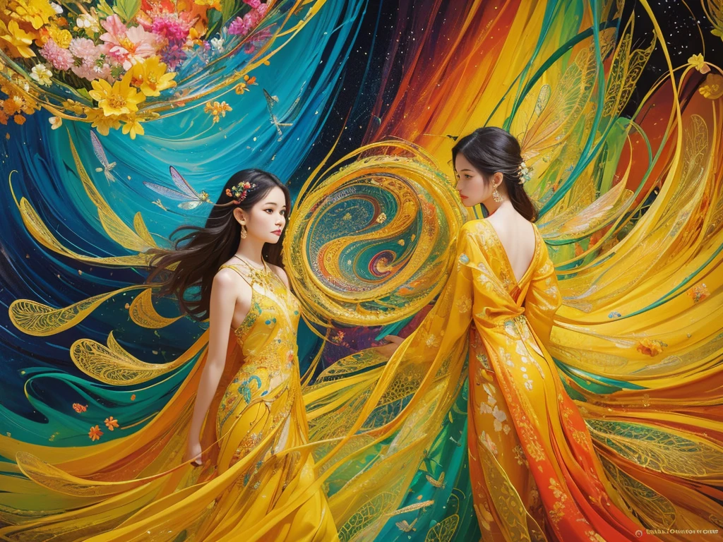 Highly detailed oil painting. Beautiful Thai girls wear flowing dresses. Wear long, flowing dresses in bright colors. back view yellow background Circle of flowers and dragonfly surrounding it Alcohol ink effect, fractals, quilling, surreal, bright color palette.