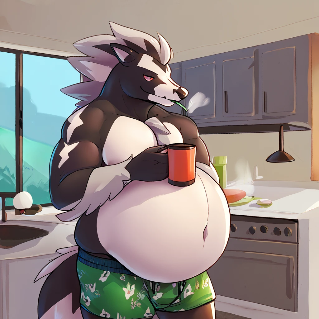 score_9_up, solo, male Obstagoon, anthro, male, pokemon, pokemon \(species\), generation 1 pokemon, shirtless, boxers, drinking coffee, tired, kitchen, nighttime, inflating, blimpbelly