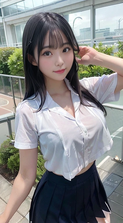 Tabletop, Highest quality, Realistic, RAW Photos, Digital SLR, Beautiful Japanese girl, Glowing White Skin, Realistic beautiful makeup face, Realistic and beautiful bright eyes, double eyelid, View the viewer, (Highly detailed shiny long black hair and bangs), (Tousled hair in strong winds), Slim figure, Slim face, Narrow waist, Big Breasts, Thin thighs, ((school uniform, Navy blue pleated skirt, Athletics Stadium, Daytime,rain)), (show off bra under white shirt:1.3),wet,open clothes,This is a very delicate and beautiful photo., Ultra-high resolution, 8k UHD wallpaper,(nsfw),(undressing)