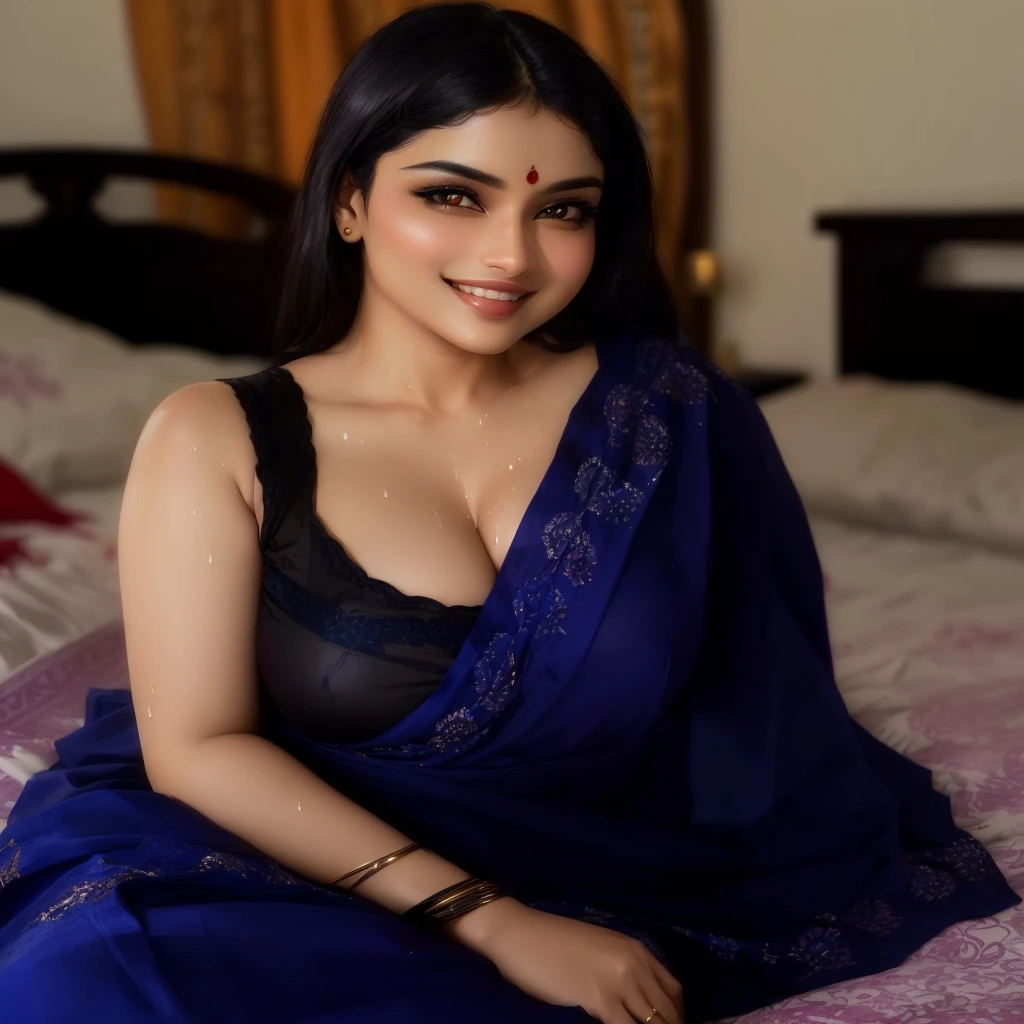 arafed woman in a blue sari sitting on a bed, with a seductive smile, indian, cute seductive smile, dressed in a sari, indian goddess, wearing a sari, seductive smile, attractive girl, sari, very seductive pose, wearing sari, blue colored traditional wear, candid picture, posing in a bedroom, sexy girl, sexy girl with dark complexion , big , sexy cleavage, wet full body and cloth