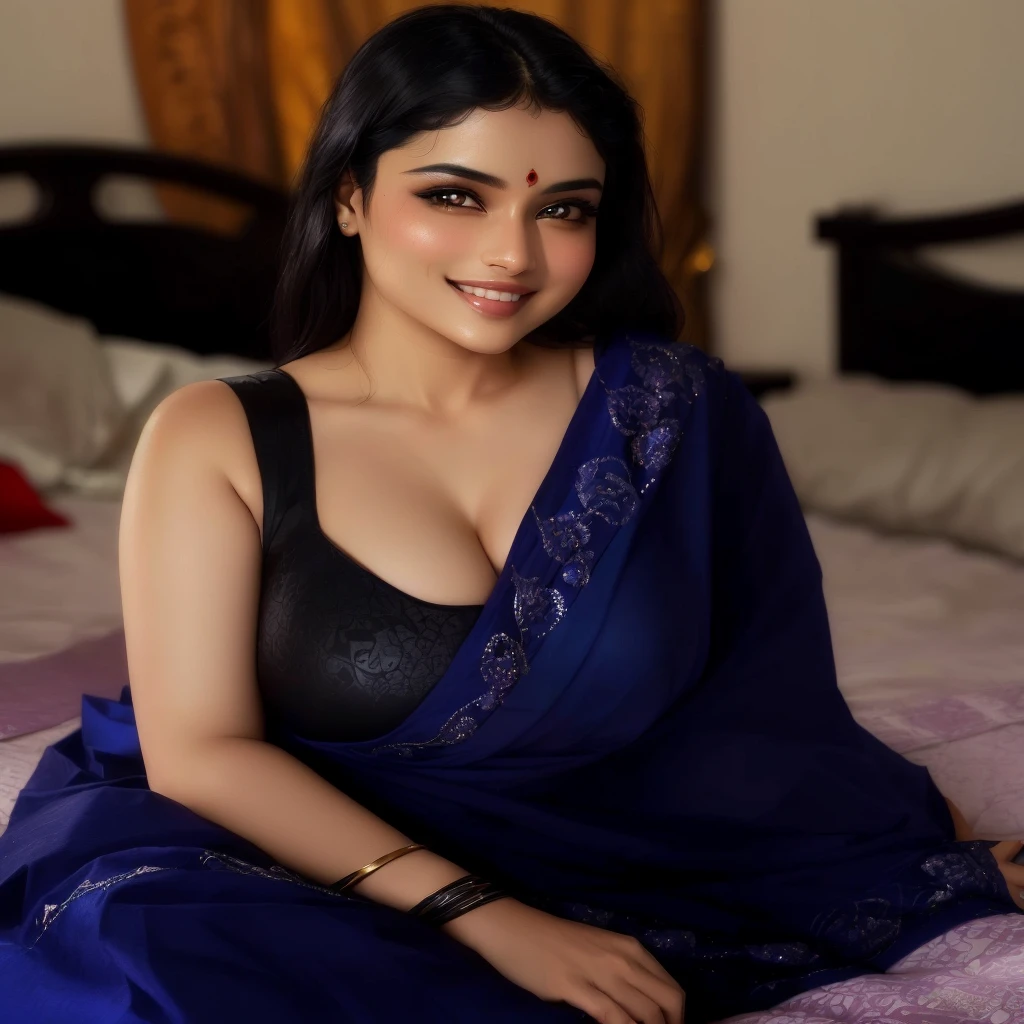 arafed woman in a blue sari sitting on a bed, with a seductive smile, indian, cute seductive smile, dressed in a sari, indian goddess, wearing a sari, seductive smile, attractive girl, sari, very seductive pose, wearing sari, blue colored traditional wear, candid picture, posing in a bedroom, sexy girl, sexy girl with dark complexion , big , sexy cleavage, wet full body and cloth