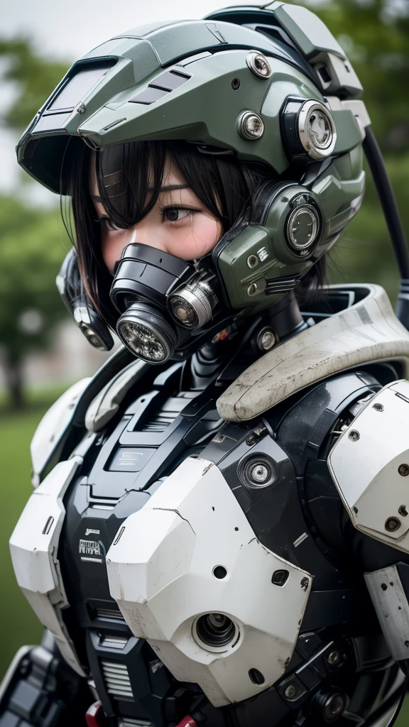 最high quality非常に詳細, Advanced Details, high quality, 最high quality, High resolution, 1080P, hard disk, beautiful,(War Machine),(headgear),See the big picture,beautifulサイボーグ女性,Mecha Cyborg Girl,BATTLE MODE,Mecha Body Girl　8k 　Elementary school girl　Sweaty face　Droopy eyes　short hair　Gas mask with extension nozzle　boyish　Steam coming out of my head　My hair is wet with sweat　Black Hair, Steam coming out of the mouth