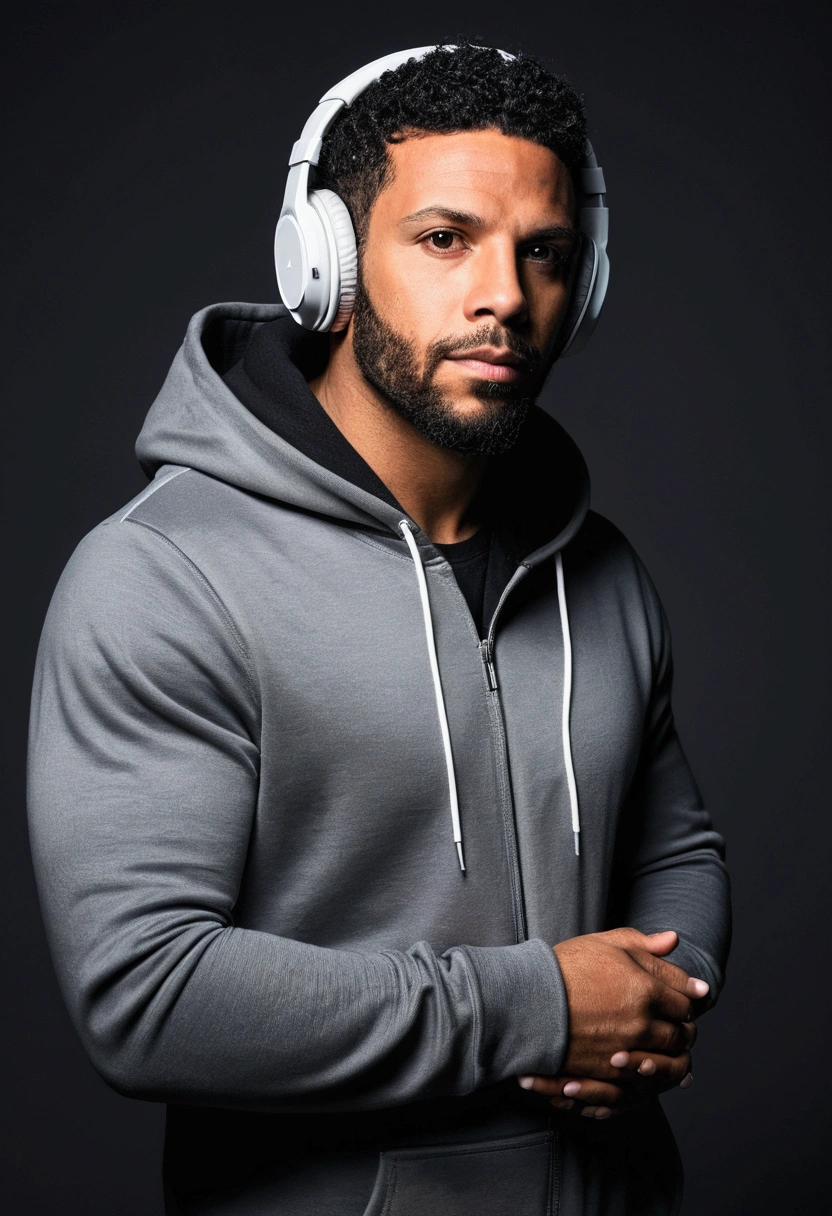Luiz Henrique, homem caucasiano, moreno, cabelo preto curto estilo low fade e barba rente, rosto oval arredondado e maxilar marcado, 35-year-old appearance wearing dark gray hoodie White headphones with RGB lights, neon lighting background, full body view, top to bottom