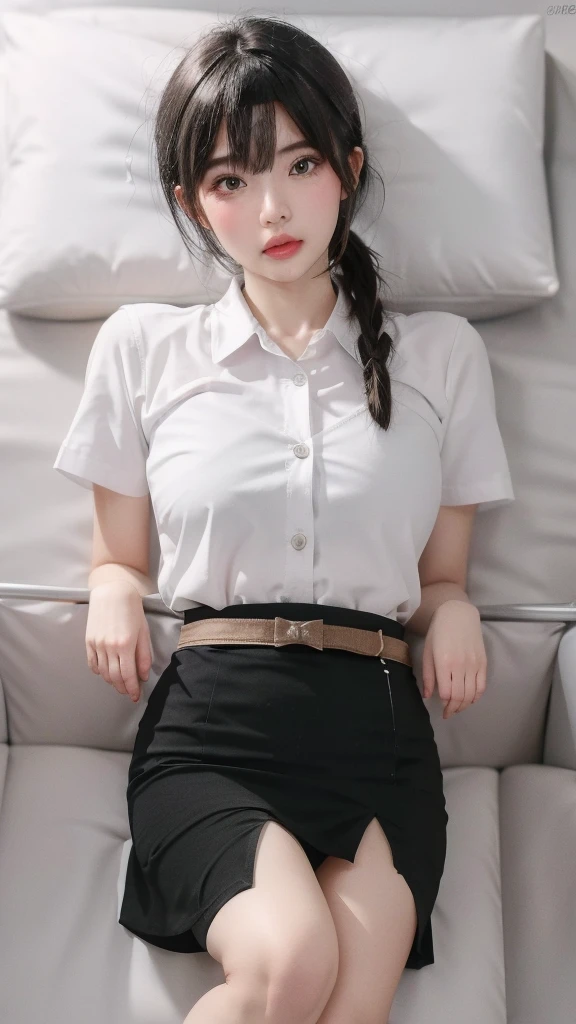 (8ก, best quality, Masterpiece, very high:1.2) Photo of a beautiful Thai woman, Beautiful and charming with contemporary fashion paintings. , (1 girl), (white short sleeve shirt), ((black pencil skirt)), belt , Realistic skin texture , round chin, Art lens 85mm, F 1. 2, Sharp focus, High resolution 8K, Crazy details, complicated, elegant, big breasts , black skirt , twin tail hair , white shoes