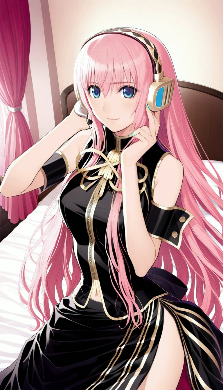 Detailed and beautiful depiction 1.3,Official Art:1.2,Beautiful adult woman ,Megurine Luka in official costume:1.2,Pink long hair,blue eyes,Black and gold costume,headphone,smile,Bedroom