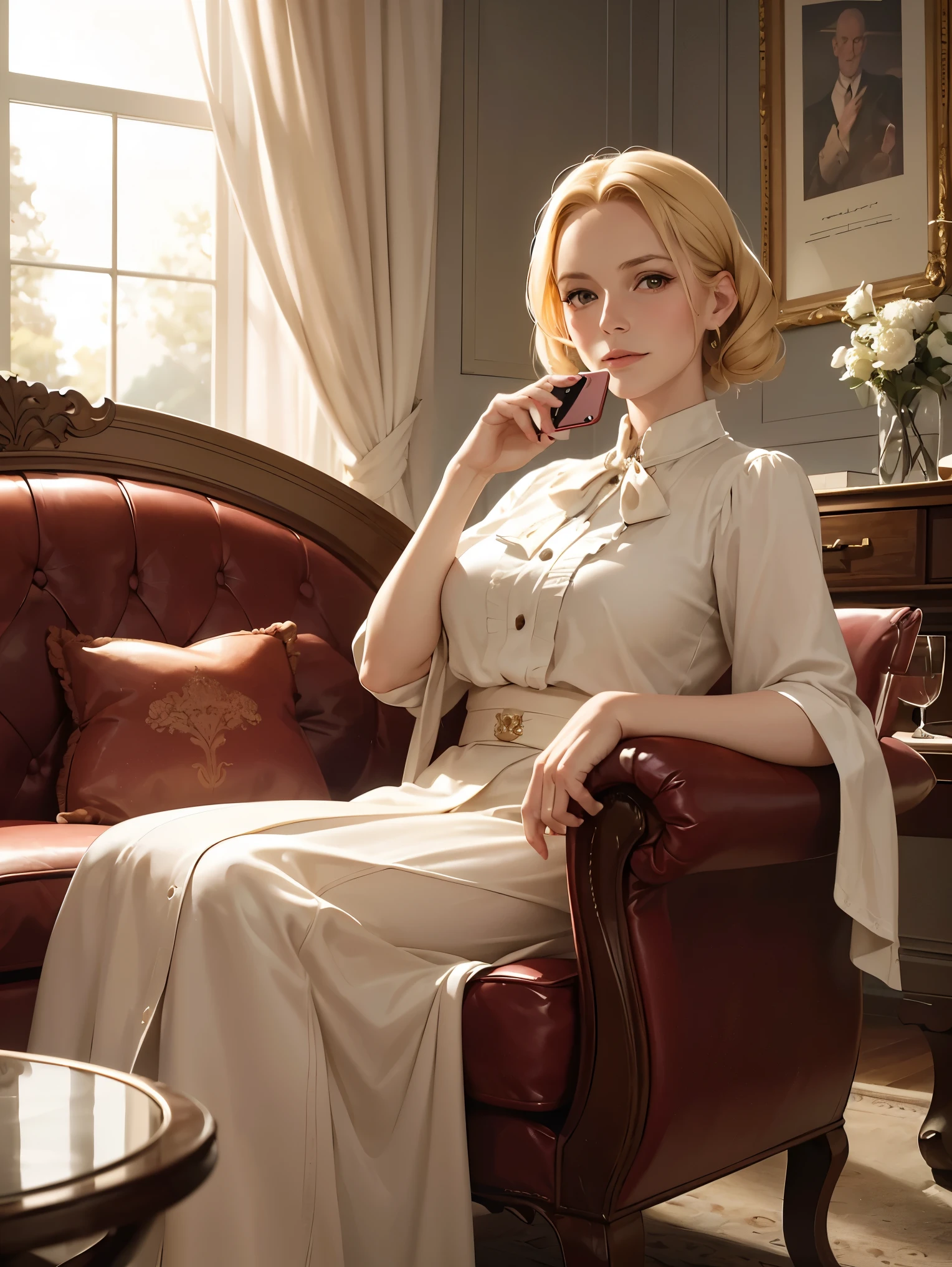 Portrait of a 48-year-old blonde French woman, 1940, Period costume, Genuine Leather, Sit down and take a selfie like you would with a smartphone, (Living room with period furniture, Calm, soft light: 1.2)