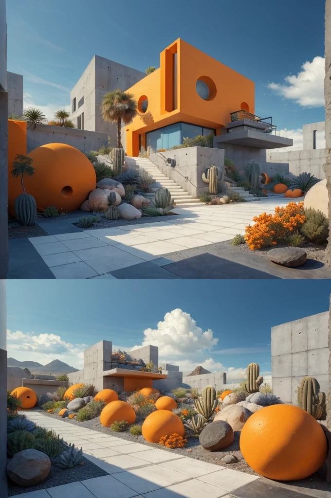An illustration in collage style, with giant boulders, brutalist building sections, terraces, stairs, cacti, agave, concrete texture, multiple geometric shapes, hatch and cross hatching, planet saturn, volcano, moon, Luis Barragán's architectural style build, milky way galaxy, violet, one motorcycle, An illustration in collage style, with giant boulders, brutalist building sections, stairs, cacti, agave, concrete texture, multiple geometric shapes, hatch and cross hatching, planet saturn, volcano, moon, Luis Barragán's architectural style build, reflective pool, terraces. An elegant and modern build, in top of big boulders, with terraces, materials concrete, wood, steel and crystal, various gardens with tropical vegetation, cacti and rocks, stairs, a pool. In middle of sea, a big wave near, sunset, mountains and a volcano in the horizont, cute islands around, illustration format, cute color palette, detailed, masterpiece, award-winning work, clouds, Illustration, a garden with abundant cacti, ((various organic sculptures)), ((big rocks)), (((multiple sections))), collage style, detailed, (((color palette (olive green), (Mustard orange), cool grey, ((blue)), black and white))), (((a lot Luis barragán's architecture style builds))) big clouds, volcano in horizon, stairs, in the desert. ((masterpiece, best quality)),illustration,ultra detailed 8k, ((Ori Toor visual style)),soviet, megabuildings, megastructures, buildings, organic steel sculpture