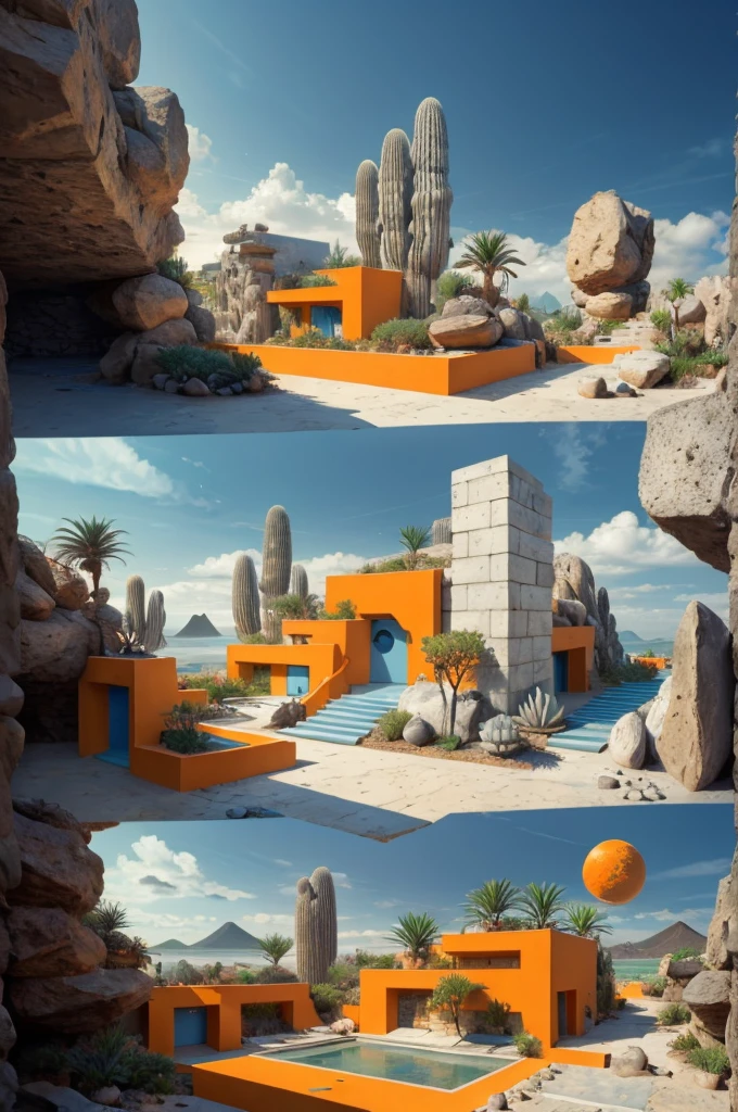 An illustration in collage style, with giant boulders, brutalist building sections, terraces, stairs, cacti, agave, concrete texture, multiple geometric shapes, hatch and cross hatching, planet saturn, volcano, moon, Luis Barragán's architectural style build, milky way galaxy, violet, one motorcycle, An illustration in collage style, with giant boulders, brutalist building sections, stairs, cacti, agave, concrete texture, multiple geometric shapes, hatch and cross hatching, planet saturn, volcano, moon, Luis Barragán's architectural style build, reflective pool, terraces. An elegant and modern build, in top of big boulders, with terraces, materials concrete, wood, steel and crystal, various gardens with tropical vegetation, cacti and rocks, stairs, a pool. In middle of sea, a big wave near, sunset, mountains and a volcano in the horizont, cute islands around, illustration format, cute color palette, detailed, masterpiece, award-winning work, clouds, Illustration, a garden with abundant cacti, ((various organic sculptures)), ((big rocks)), (((multiple sections))), collage style, detailed, (((color palette (olive green), (Mustard orange), cool grey, ((blue)), black and white))), (((a lot Luis barragán's architecture style builds))) big clouds, volcano in horizon, stairs, in the desert. ((masterpiece, best quality)),illustration,ultra detailed 8k, ((Ori Toor visual style)),soviet, megabuildings, megastructures, buildings, organic steel sculpture