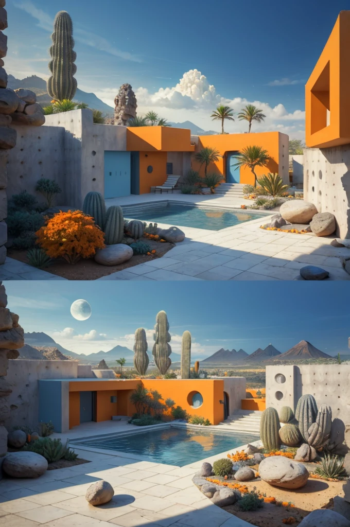 An illustration in collage style, with giant boulders, brutalist building sections, terraces, stairs, cacti, agave, concrete texture, multiple geometric shapes, hatch and cross hatching, planet saturn, volcano, moon, Luis Barragán's architectural style build, milky way galaxy, violet, one motorcycle, An illustration in collage style, with giant boulders, brutalist building sections, stairs, cacti, agave, concrete texture, multiple geometric shapes, hatch and cross hatching, planet saturn, volcano, moon, Luis Barragán's architectural style build, reflective pool, terraces. An elegant and modern build, in top of big boulders, with terraces, materials concrete, wood, steel and crystal, various gardens with tropical vegetation, cacti and rocks, stairs, a pool. In middle of sea, a big wave near, sunset, mountains and a volcano in the horizont, cute islands around, illustration format, cute color palette, detailed, masterpiece, award-winning work, clouds, Illustration, a garden with abundant cacti, ((various organic sculptures)), ((big rocks)), (((multiple sections))), collage style, detailed, (((color palette (olive green), (Mustard orange), cool grey, ((blue)), black and white))), (((a lot Luis barragán's architecture style builds))) big clouds, volcano in horizon, stairs, in the desert. ((masterpiece, best quality)),illustration,ultra detailed 8k, ((Ori Toor visual style)),soviet, megabuildings, megastructures, buildings, organic steel sculpture