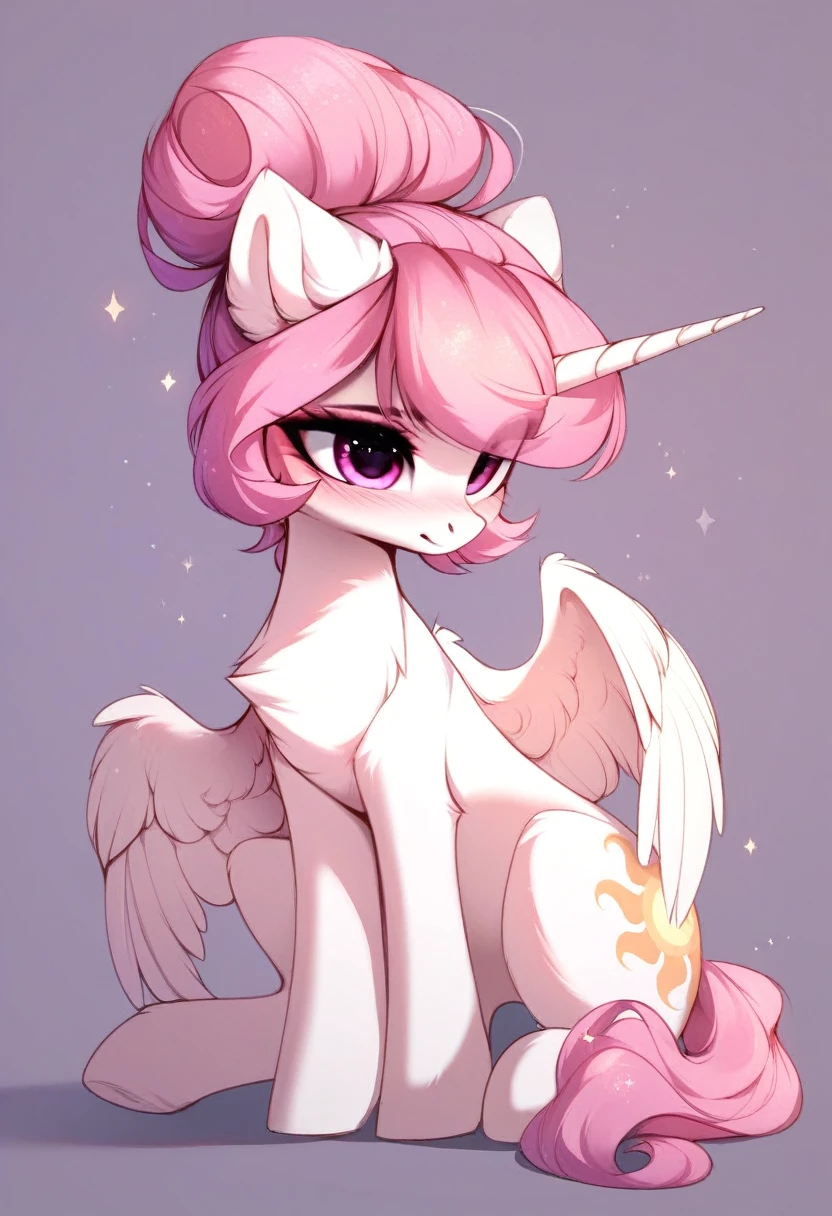 check_9, check_8_up, check_7_up, source_fluffy, rating_safe, from Magnaluna, Celestia poses seductively in a white bedroom, hair bun with bangs, pink eyes, white body, quadruped, blushing, wearing pink lingerie, full body
