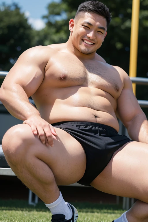 ((highest quality)), ((masterpiece)), (detailed), ((Perfect Face)), 4k, Shaved head, Young Japanese, Muscular, Fat body, Very big man, smile, ((showing off crotch)) A large Japanese man shirtless、whole body、Rugby player、Thick legs、Thick arm muscles、Intimidating、whole body、((wearing a very tight and very short black-shorts)), (shirtless)、((At the rugby field)), haka dance, sitting and spreading legs very wide