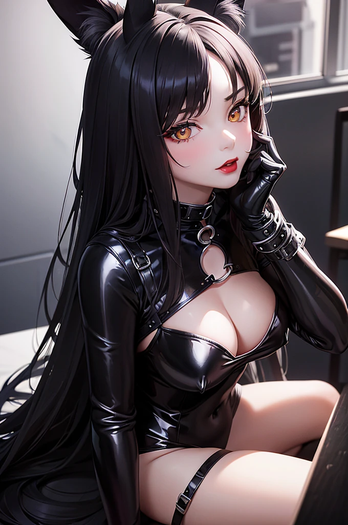 Detailed facial details，16 years old，1 girl，Red lips，Cat ear，Black long hair，Wearing snow-white latex lace bunny，Large Breasts，Slim，Handcuffs，Collar，Radiant Skin，Sitting at the table，Hospital