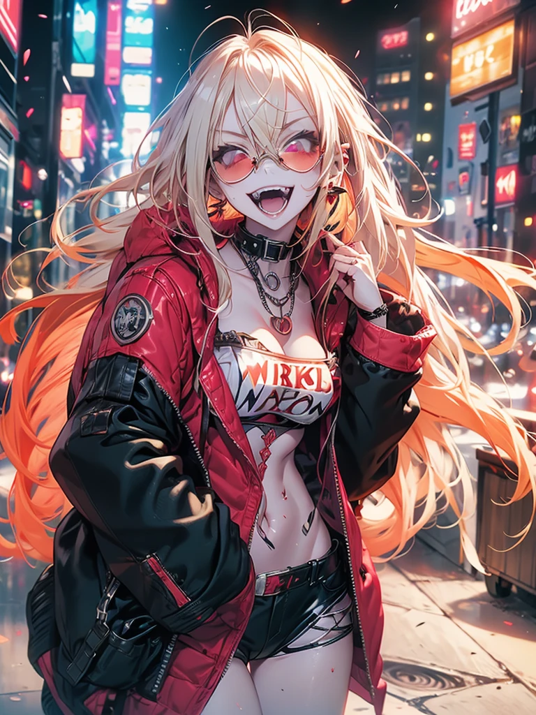 woman、Early 20s、Wicked Smile、Blonde、Long Hair、Green Eyes、Frameless sunglasses with red lenses、breast enhancement、sexy、sexyなポーズ、Black tube top、hot pants、Bright red long coat、R-18、City of night