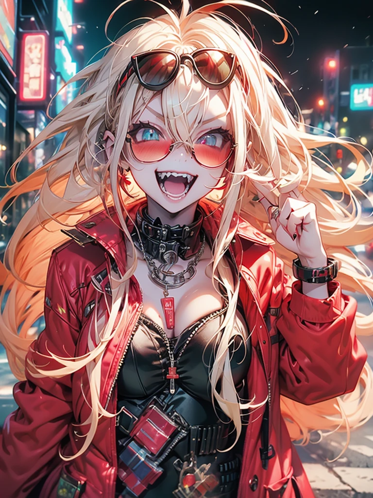 woman、Early 20s、Wicked Smile、Blonde、Long Hair、Green Eyes、Frameless sunglasses with red lenses、breast enhancement、sexy、sexyなポーズ、Black tube top、hot pants、Bright red long coat、R-18、City of night