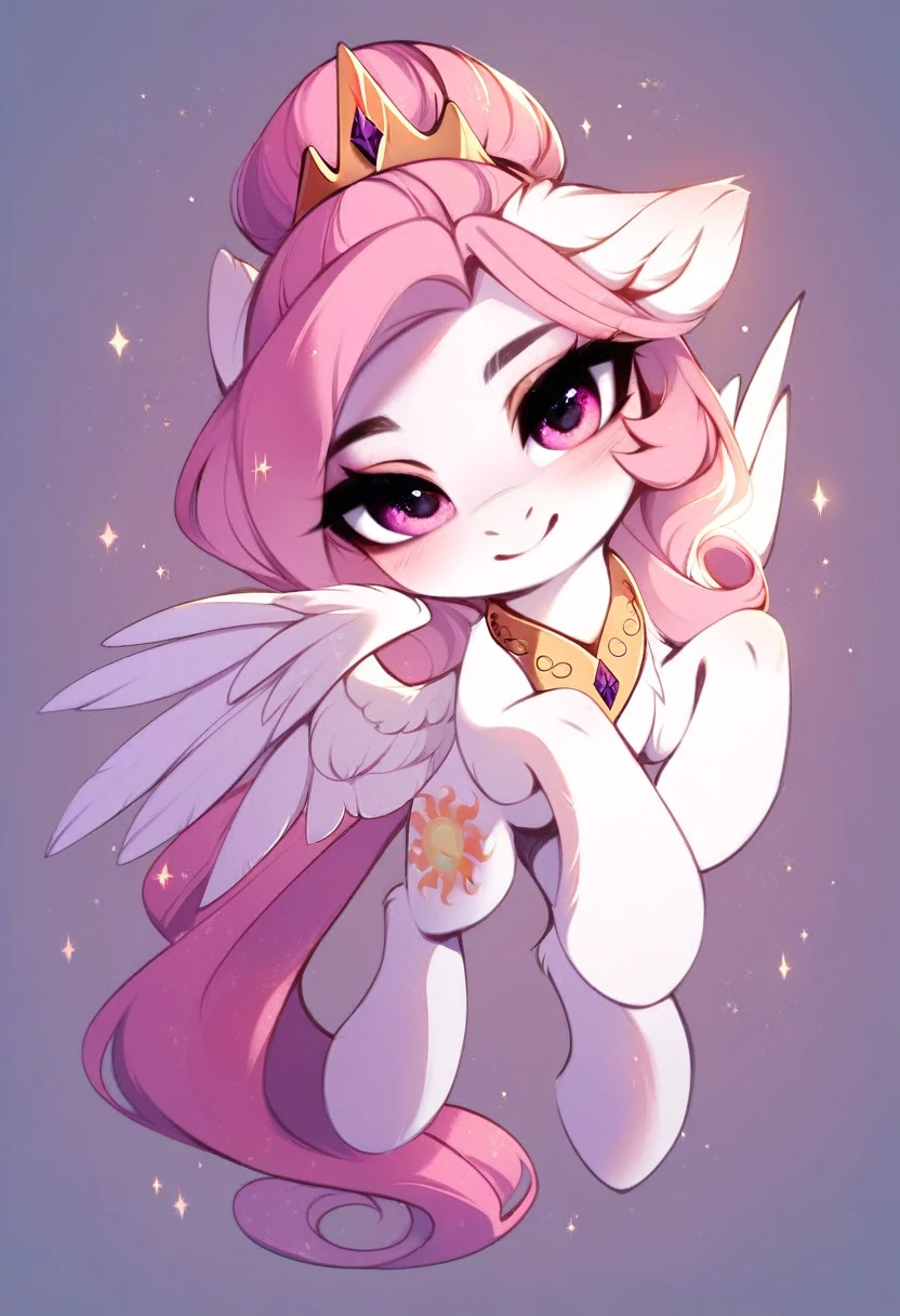 check_9, check_8_up, check_7_up, source_fluffy, rating_safe, from Magnaluna, Celestia poses seductively in a white bedroom, hair bun with bangs, pink eyes, white body, quadruped, blushing, wearing pink lingerie, full body