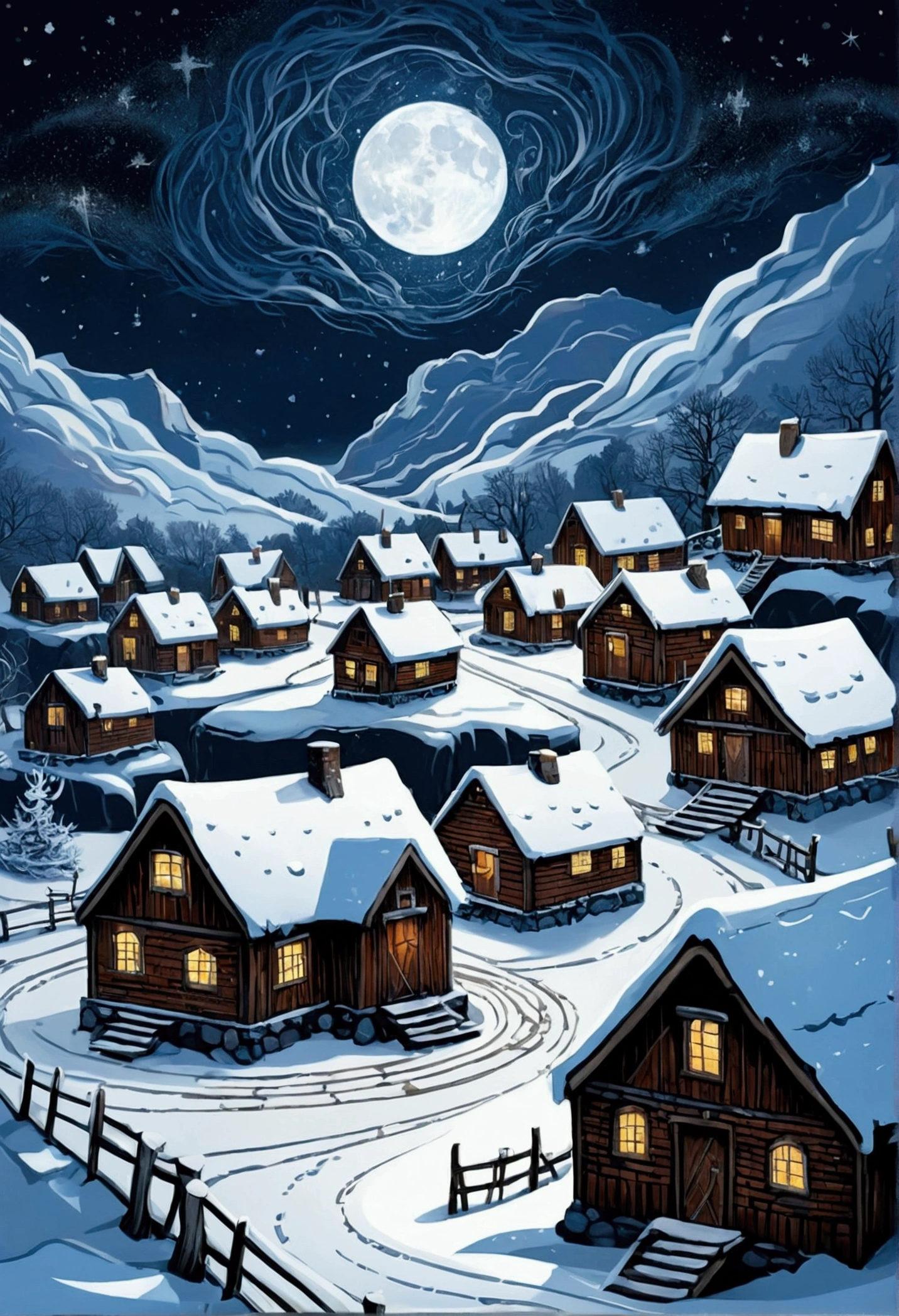 !seaart "Viking-style illustration of a snow-covered village called Frostholm, with rustic houses and howling winds, under a starry night sky"