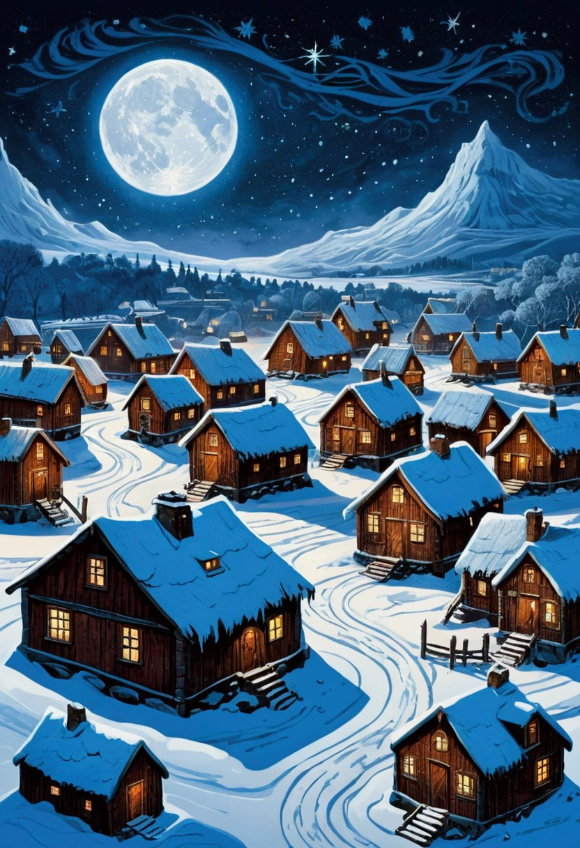 !seaart "Viking-style illustration of a snow-covered village called Frostholm, with rustic houses and howling winds, under a starry night sky"