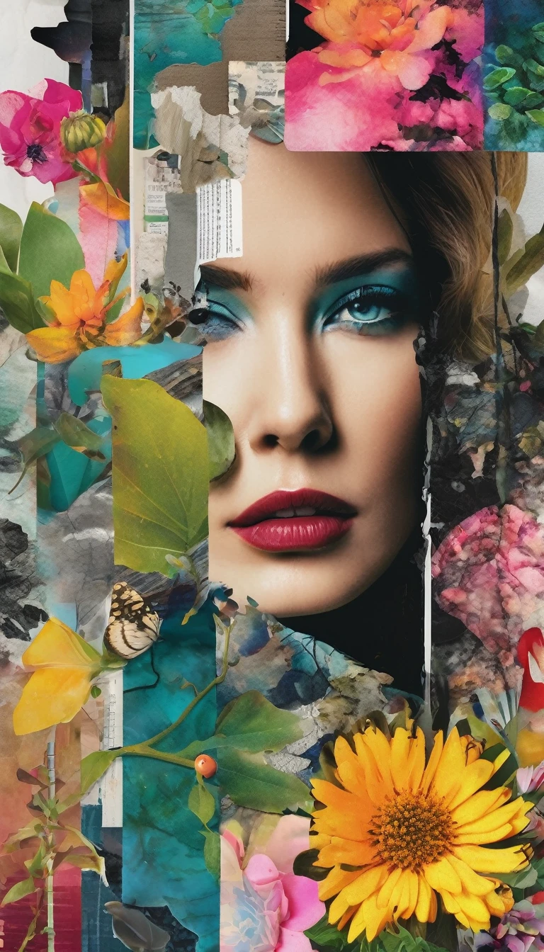 a collage art portrait, mixed media collage, abstract, vivid colors, layered textures, magazine scraps, hand draw scraps, photographic elements, vegetation, ink wash, soft colors, creative, imaginative, striking composition, visually striking, atmospheric, moody, (best quality,4k,8k,highres,masterpiece:1.2),ultra-detailed,(realistic,photorealistic,photo-realistic:1.37), flat design,