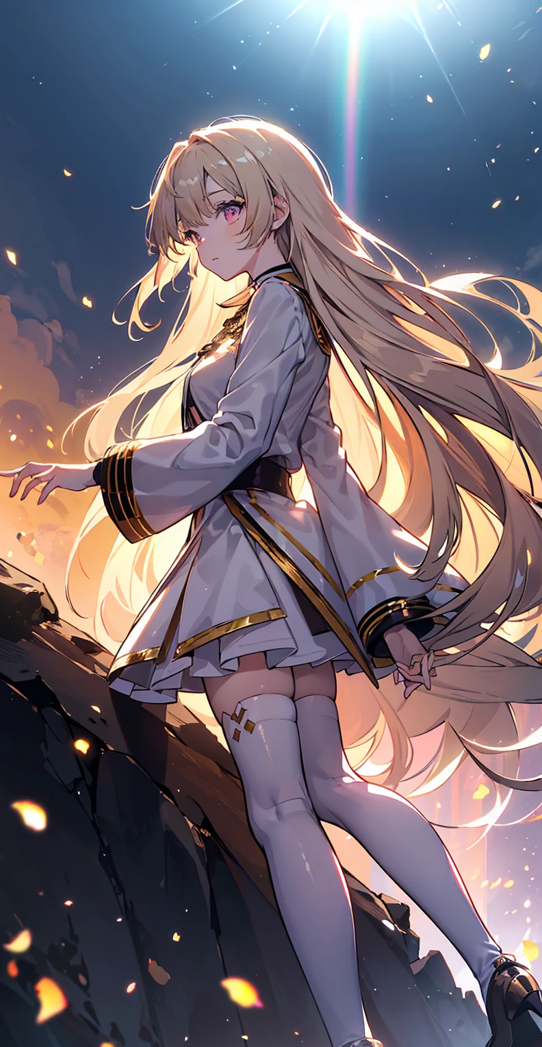 (Maximum resolution),girl, Light brown long hair, Big pink eyes, Otome Kei, Beige pantyhose, Long legs,Platform heeled boots, Perfect skin, A perfect face, The most beautiful thing, super Beautifully, {Extremely detailed 8k CG unit wallpaper}, Wide-ranging landscape photography, (Watch from below,Focus on character and setting), (Broader horizons), (Low angle shot), (emphasize: 1.2), (Low light: 1.5), (Warm light source: 1.6), Intricate details, (Rainbow Colors: 1.2), (Bright Lights), (Atmospheric lighting), Dreamy, magic, Beautifully