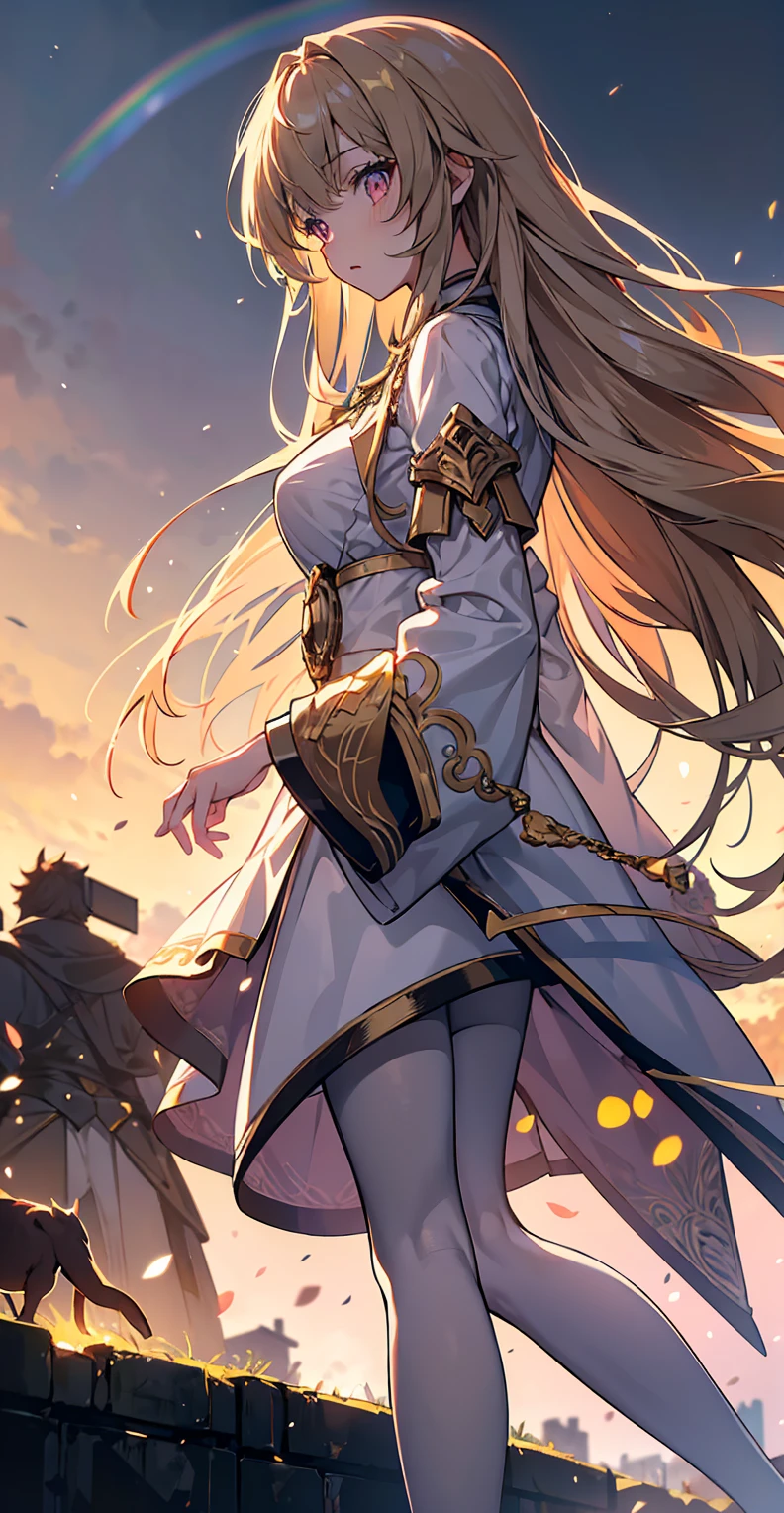 (Maximum resolution),girl, Light brown long hair, Big pink eyes, Otome Kei, Beige pantyhose, Long legs,Platform heeled boots, Perfect skin, A perfect face, The most beautiful thing, super Beautifully, {Extremely detailed 8k CG unit wallpaper}, Wide-ranging landscape photography, (Watch from below,Focus on character and setting), (Broader horizons), (Low angle shot), (emphasize: 1.2), (Low light: 1.5), (Warm light source: 1.6), Intricate details, (Rainbow Colors: 1.2), (Bright Lights), (Atmospheric lighting), Dreamy, magic, Beautifully
