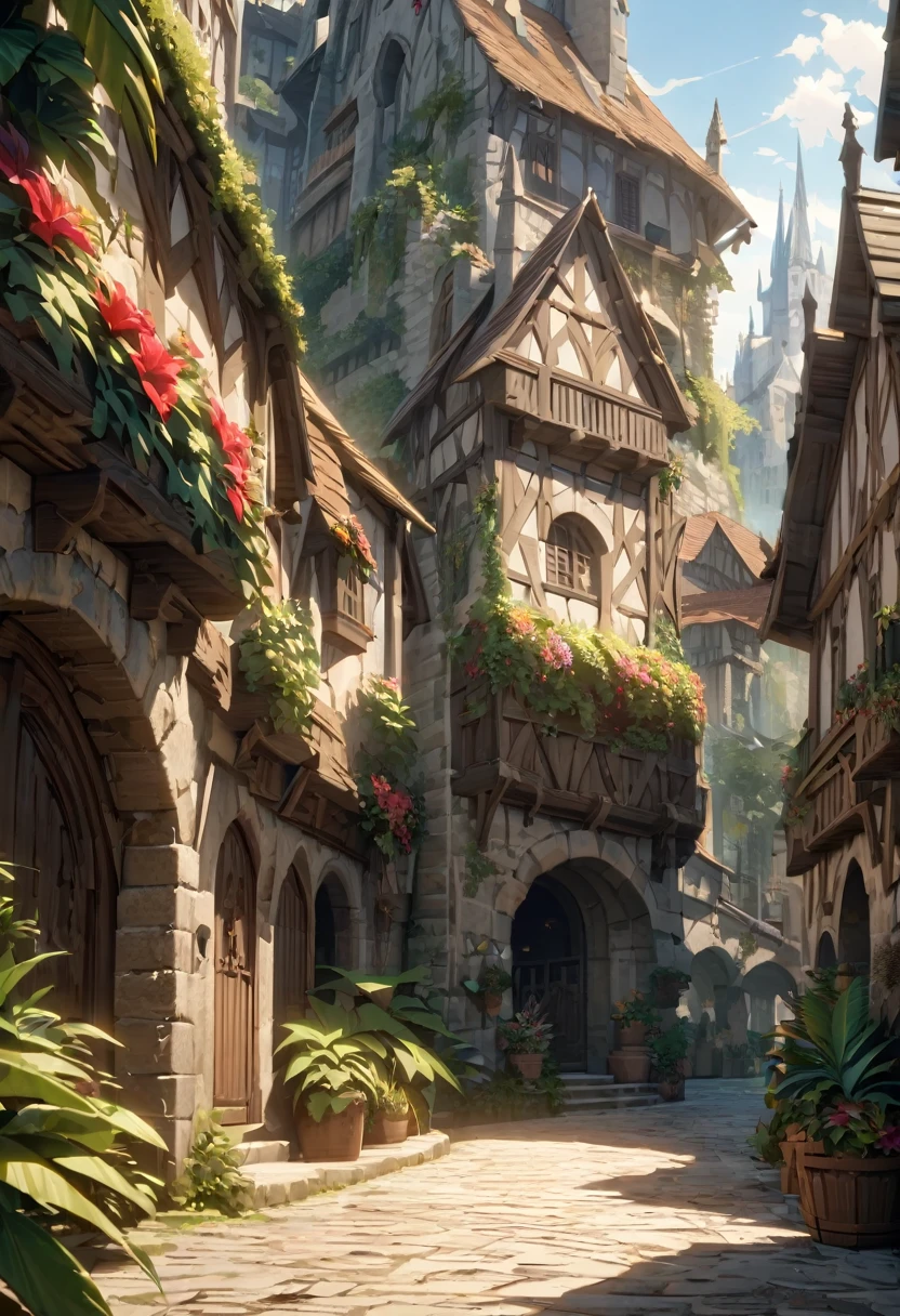masterpiece, best quality, european medieval town by sea, arena built by beautiful ocean, tropical, tropical plants, narrow streets, (super detail:1.2), (High Definition:1.3), (Professional Photography:1.3), (wide shot), (very aesthetic:1.2), (absurdres:1.2), (sharp focus), (perfect light), 8K,