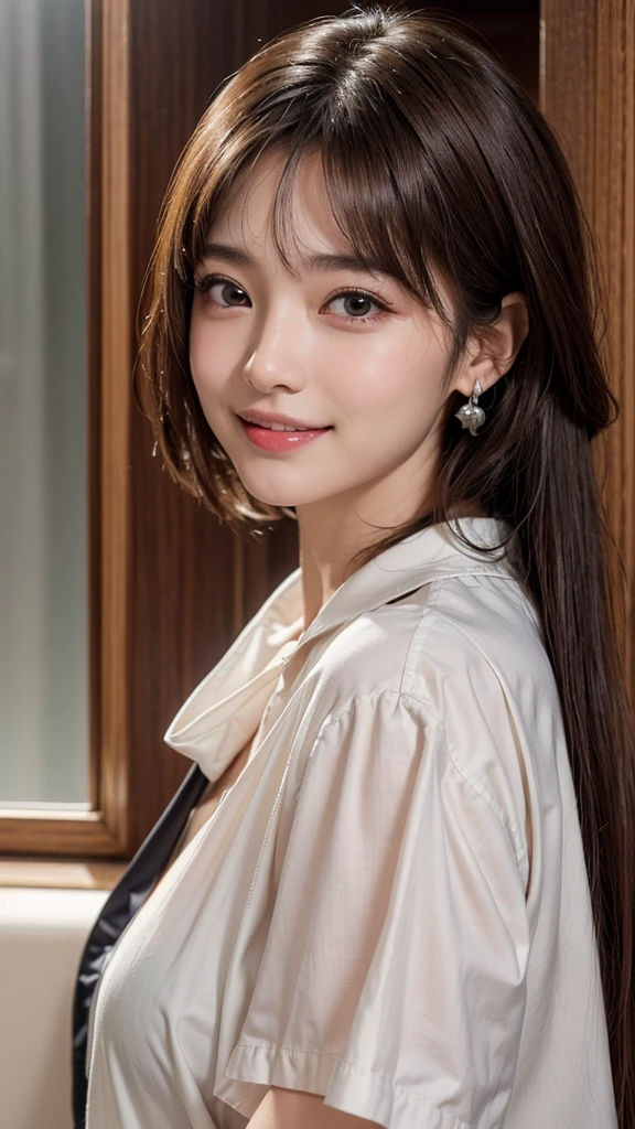 高いest quality, masterpiece, ultra 高い resolution, (realistic:1.4), 20-year-old,1 girl,Super 高い quality,8K,thinウエスト,thin脚,thin and beautiful arms,beautiful fingers,sale eye makeup,thin,Medium chest,soft chest,mini skirt,brown long hair,thinジャケット,realistic,picture media chest)),((toothy smile)),((big smile))