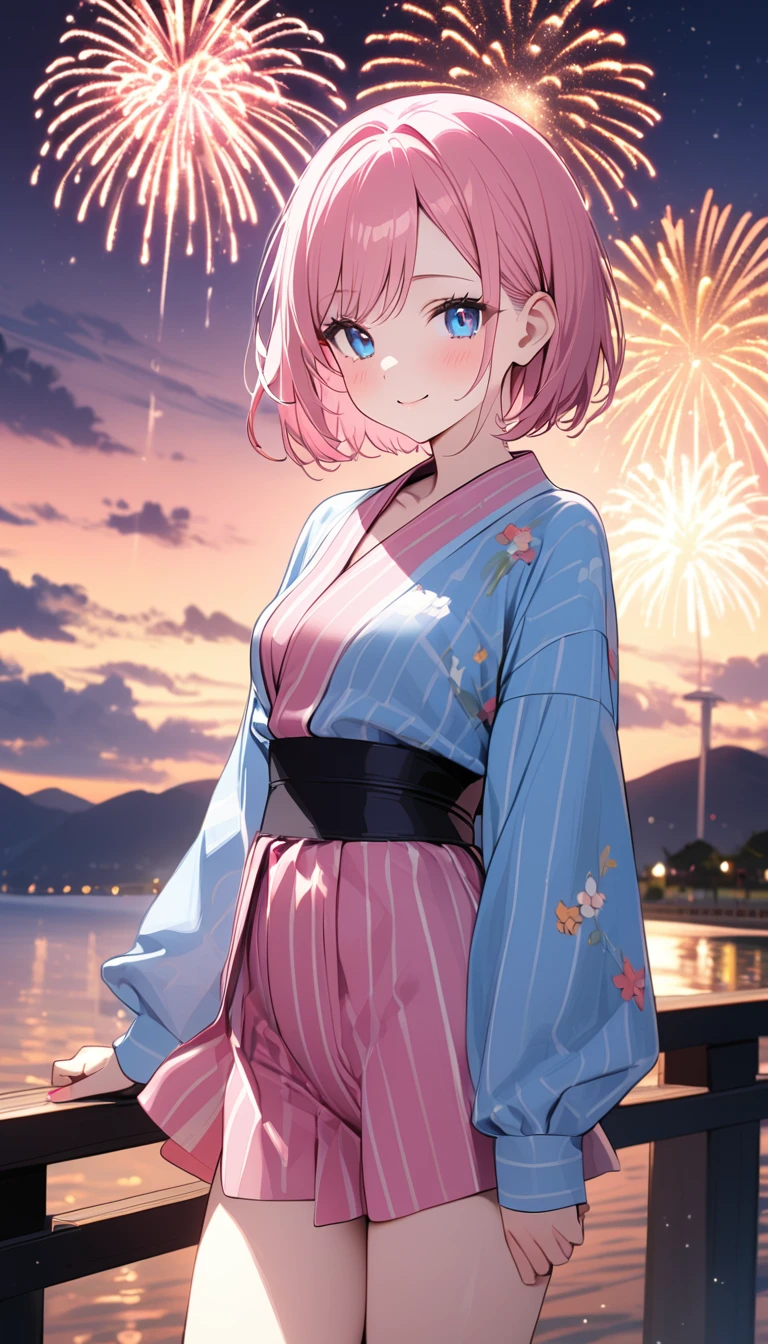 (1 girl),(Best Picture Quality, 8K, Masterpiece:1.3), (high school student:1.5), ((pink lob hair:1.1)), (bob cut),(swept bangs), (cute eyes, pupil black, iris skyblue, youthful face), (mole under right eye), (standard weight), (small breasts), (glistening skin:1.1),(pale skin:1.2),(yukata),(FireWorks),((Nymphet fashion)),((summer scene:1.2)),(magnificent view),(overlooking),(Smile).