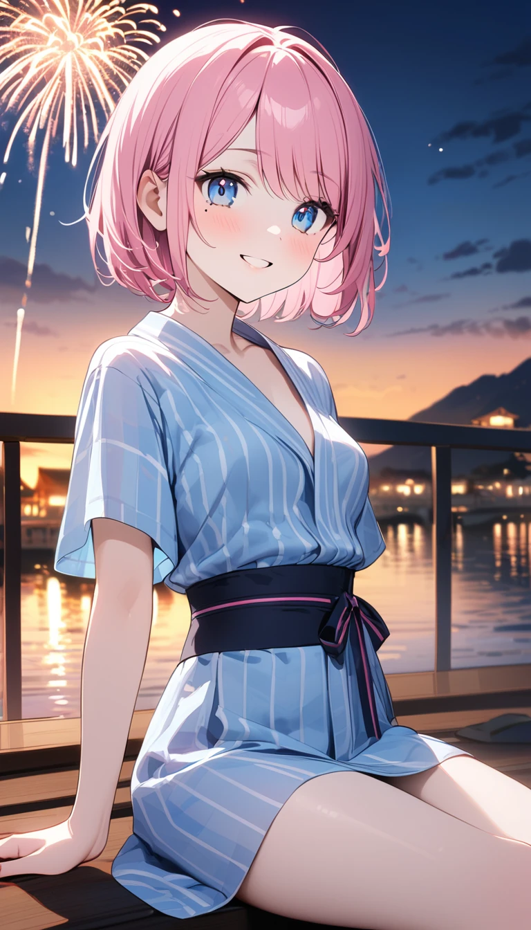 (1 girl),(Best Picture Quality, 8K, Masterpiece:1.3), (high school student:1.5), ((pink lob hair:1.1)), (bob cut),(swept bangs), (cute eyes, pupil black, iris skyblue, youthful face), (mole under right eye), (standard weight), (small breasts), (glistening skin:1.1),(pale skin:1.2),(yukata),(FireWorks),((Nymphet fashion)),((summer scene:1.2)),(magnificent view),(overlooking),(Smile).