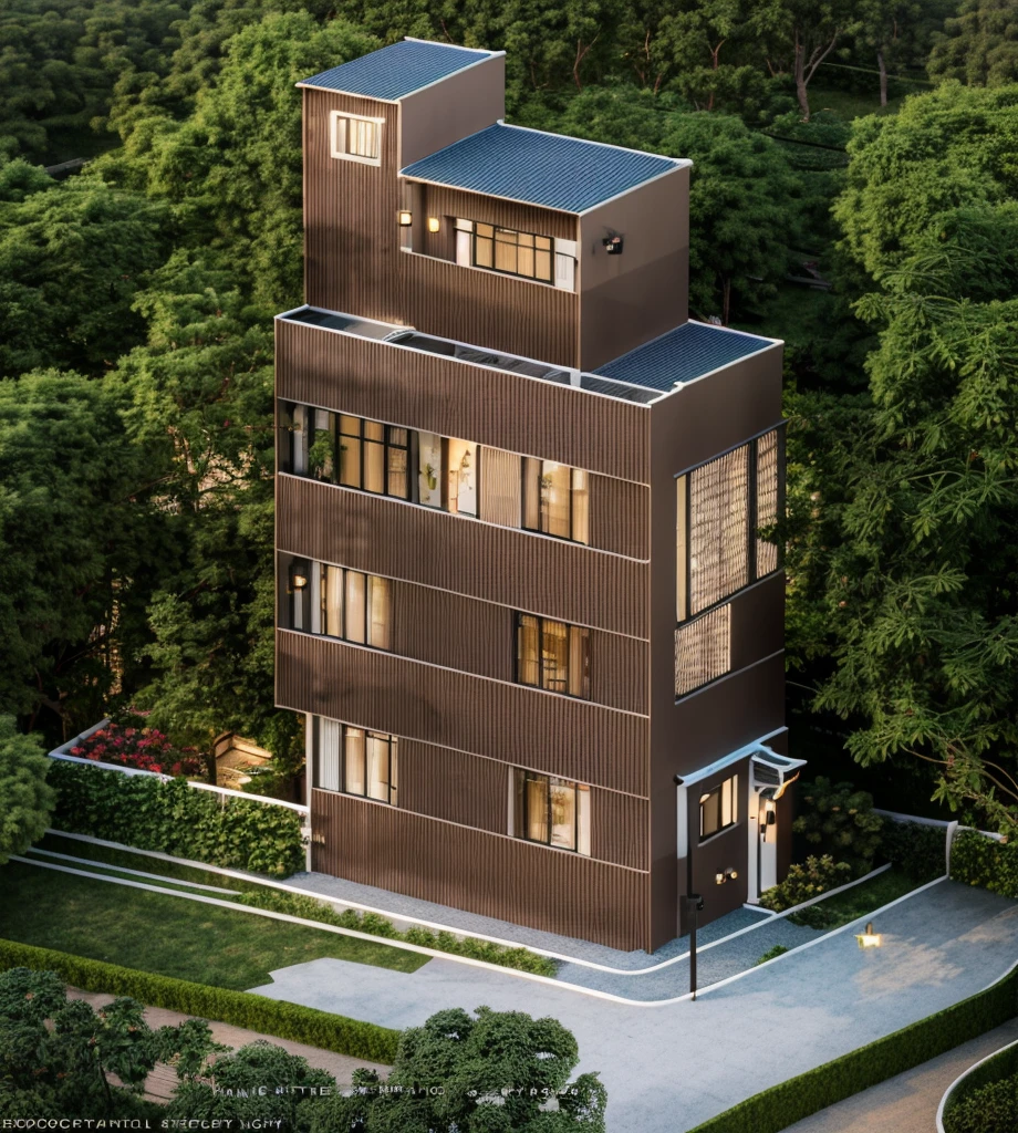 small building, (indochine style architecture) daylight ( best quality) ((high solution)) ,(( photo realistic)) ,warm light,  soft lighting, warm atmosphere,high Resolution, hyper detailed,4k ,vray render, octane render, hyper realistic, photography expert ,exterior design , professional photography, exterior photography,wide-angle shot , ultra detail , high Resolution , full frame, full body