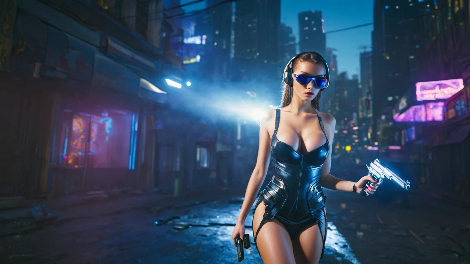 dark futuristic landscape, at night, neon lights, Atmospheric fog, large buildings in the background, futuristic city, streets with open shops, Ruined buildings, skyscraper (postapocalyptic city:1.3). (((1girl, solo, alone))), large-breast:1.2 slim body, cleavage:1.1, sexy elegant miniskirt, (((headphone, black sunglasses, standing and holding pistol pose))), (((half-body thigh level medium shot))), cinematic lighting, lens flare, ray tracing.