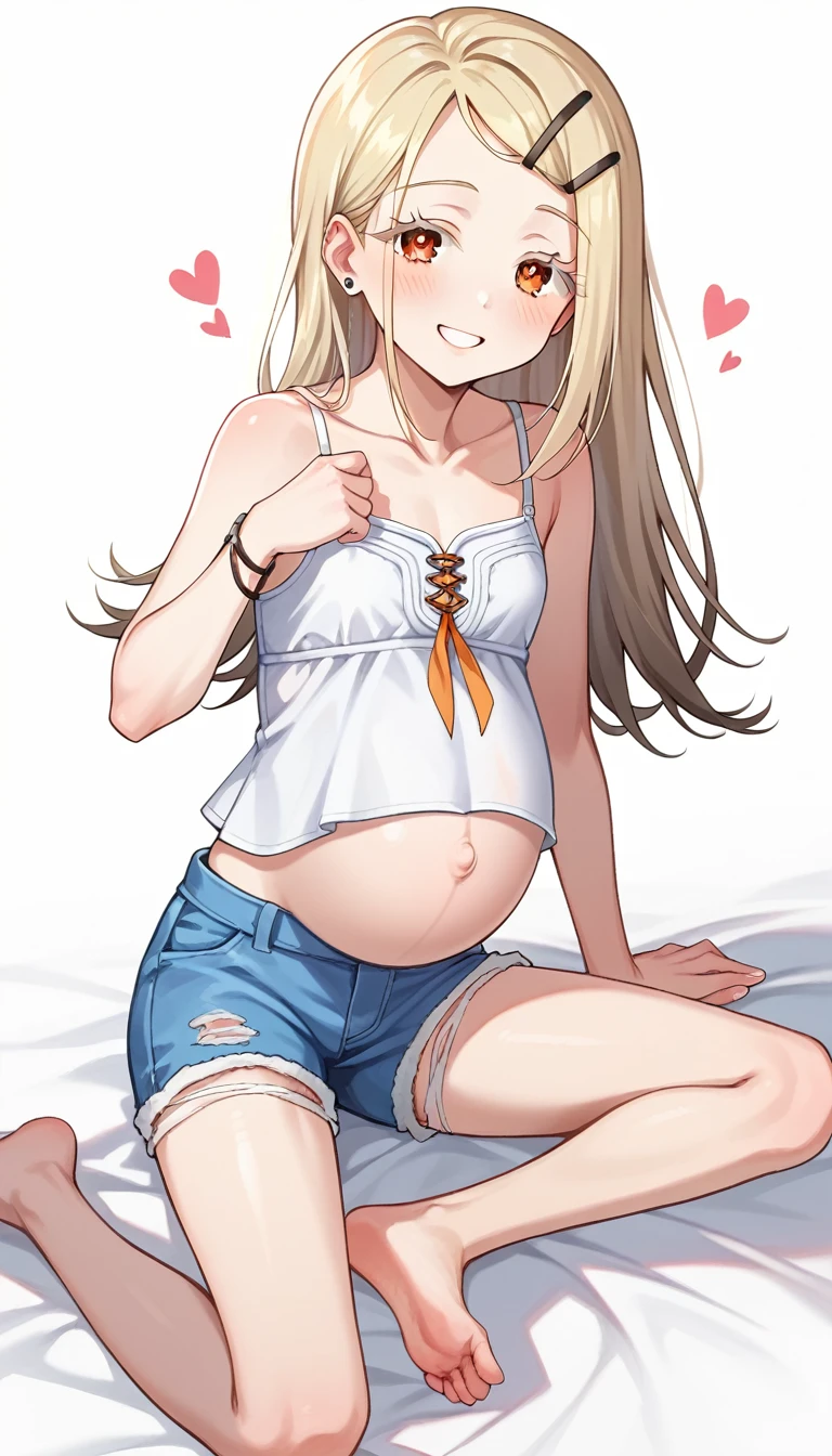 16K,score_9, score_8_Excellent, score_7_Excellent, sauce_anime, evaluation_safety,sExcellenter detailed , One Girl, Hiro Default,shinosawa hiro,thin,Orange eyes,White eyelashes,blonde,Long Hair,Hair Clip,White camisole、Cropped length、Shorts with the zipper open , (Heart Eyes),(Hearts in eyes),Voice of the Heart,very cute,blush,Dutch Angle,Flat Chest, smile,blush,Beautiful Face,Beautiful Eyes,detailed,White Background ,whole body、barefoot、Pregnant women