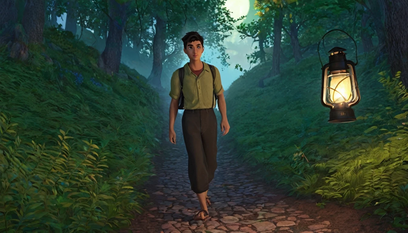 Jacob, a young man with a determined look, stepping onto the forest path with a lantern in his hand.