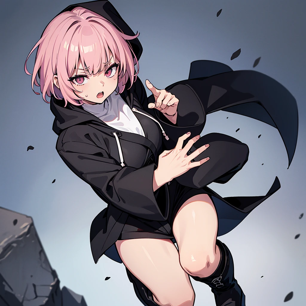 (((Solo)))、(whole body)、(From above at an angle)、(((Wearing a black hood)))、Best illustrations、Best Quality、(23 years old)、(The same face:1.1),Medieval Fantasy,(White Background)、(Pink Hair、Very Short Hair、Align your bangs)、(((Long sleeve、Black Robe、pants、Knee-high boots)))、Fighting stance、(get annoyed、Sweat、Open your mouth、Look at the top right)、Chased