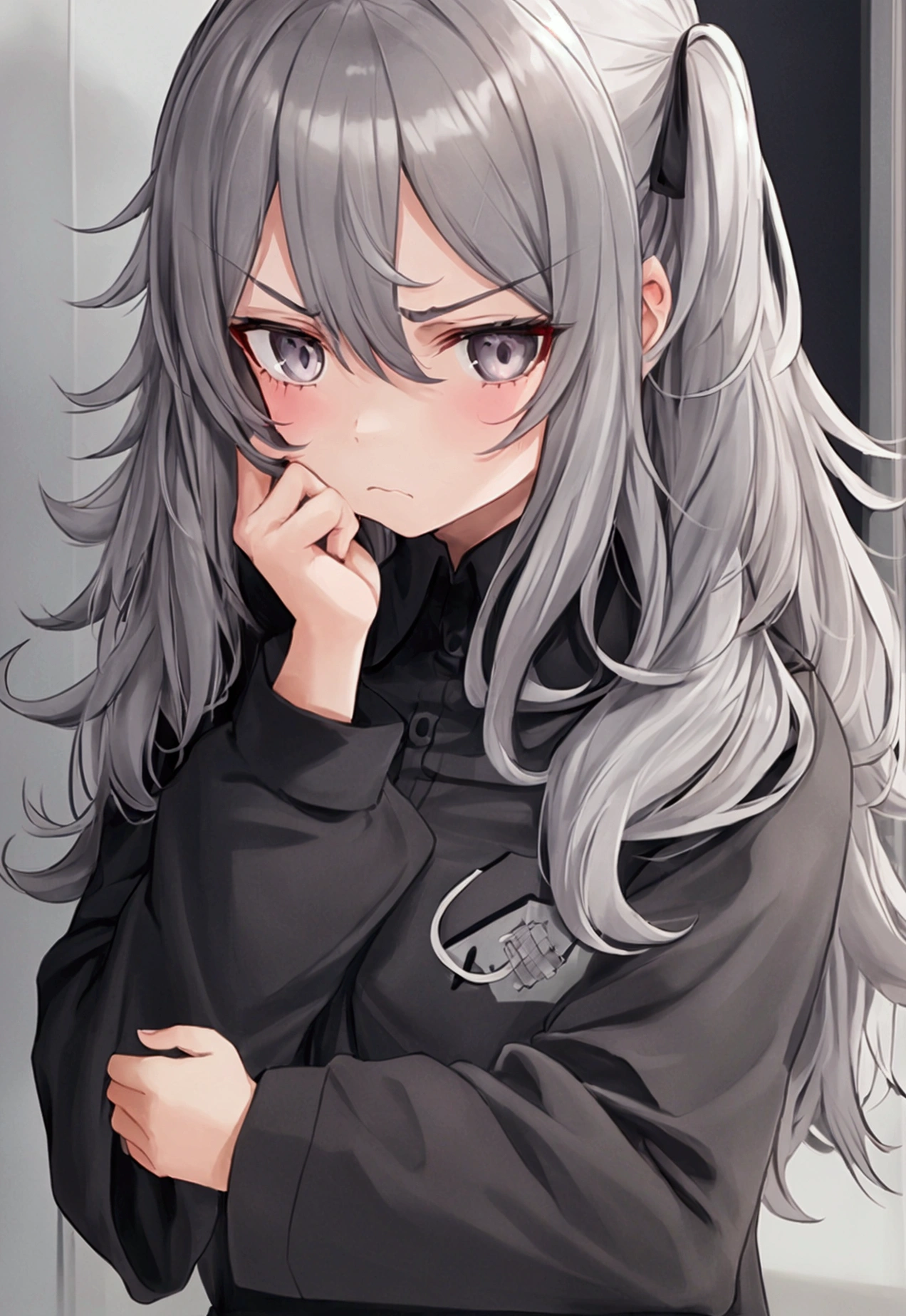 1girl, grumpy expression, looks tired, messy long-grey hair, black-colored eyes, uniform
