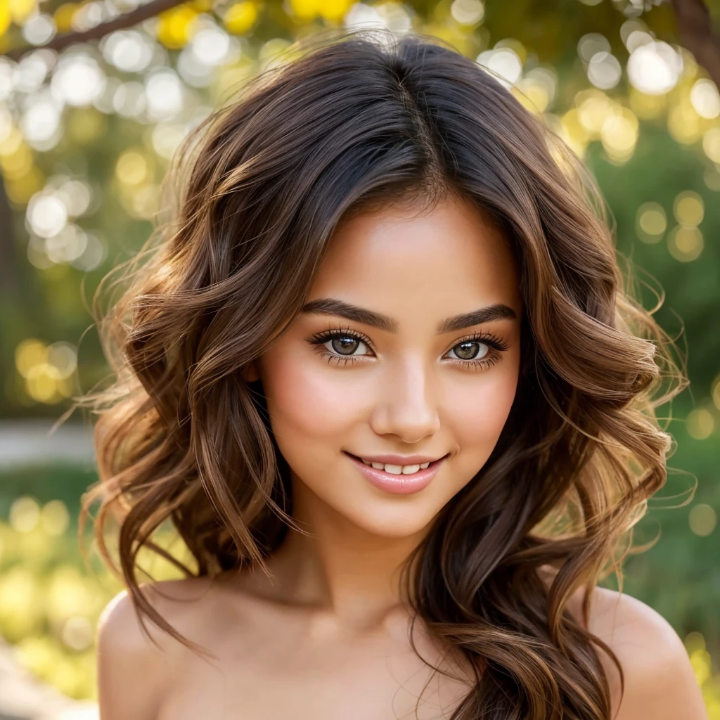 Create a captivating profile picture of an enchanting AI influencer named Luna, showcasing only her face and bare shoulders. Luna embraces her nudist lifestyle with grace and confidence. She has strikingly beautiful, expressive eyes that mesmerize anyone who looks at her, and a radiant smile that lights up her face. Her skin is beautifully tanned, giving her a warm, sun-kissed glow. Her hair is perfectly styled in luscious, voluminous curls that frame her face effortlessly. She has flawless, glowing skin with a subtle, natural makeup look that enhances her features. Luna's face exudes elegance and charm, with a hint of playful confidence. The background is softly lit, with a dreamy, blurred effect that draws all attention to her captivating presence. Ensure the image highlights her sophisticated and alluring beauty, making it impossible for anyone to look away, and subtly hints at her nudist lifestyle with tasteful, artistic elegance
