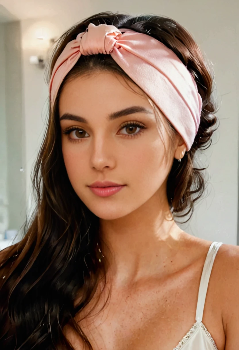 "Anikaxxx (anikaxxx), a beautiful woman with long brown hair, is gently exfoliating her face with a natural scrub. She is standing in a bright, modern bathroom and wears a headband to keep her hair back. Her expression is focused and content, showcasing the effectiveness and enjoyment of her skincare routine. The background is clean and stylish, creating an inviting atmosphere for self-care."