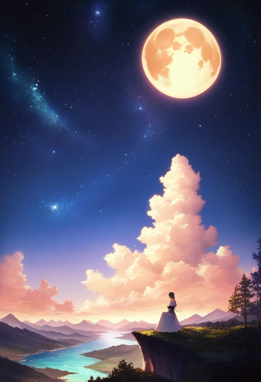 A painting of a river with stars and moon in the sky, concept art inspired by Tosa Mitsuoki, pixiv contest winner, best quality, fantasy art, beautiful anime scene, a bright moon, moonlit starry environment, dream painting, Anime Background Art, Fantasy Landscape Art, Fantasy Night, Anime Background, Background Artwork, Fantastic Art, Atmospheric Anime, Starry Sky, Detail Enhanced.
