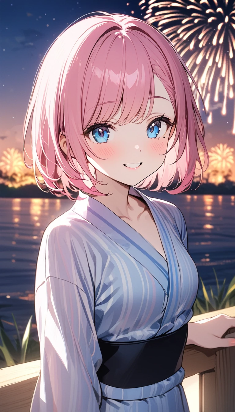 (1 girl),(Best Picture Quality, 8K, Masterpiece:1.3), (high school student:1.5), ((pink lob hair:1.1)), (bob cut),(swept bangs), (cute eyes, pupil black, iris skyblue, youthful face), (mole under right eye), (standard weight), (small breasts), (glistening skin:1.1),(pale skin:1.2),(yukata),(fireworks:1.2),((Nymphet fashion)),((summer scene:1.2)),(magnificent view),(overlooking),(Smile).