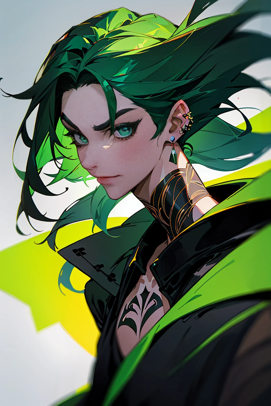 Rogue, hansome, earing, blackhighlightgreen hair, use dragger, tattoo, 21 yearold, fantasy, green eye, dark blackground , villianface, kind, legend, fashionhair