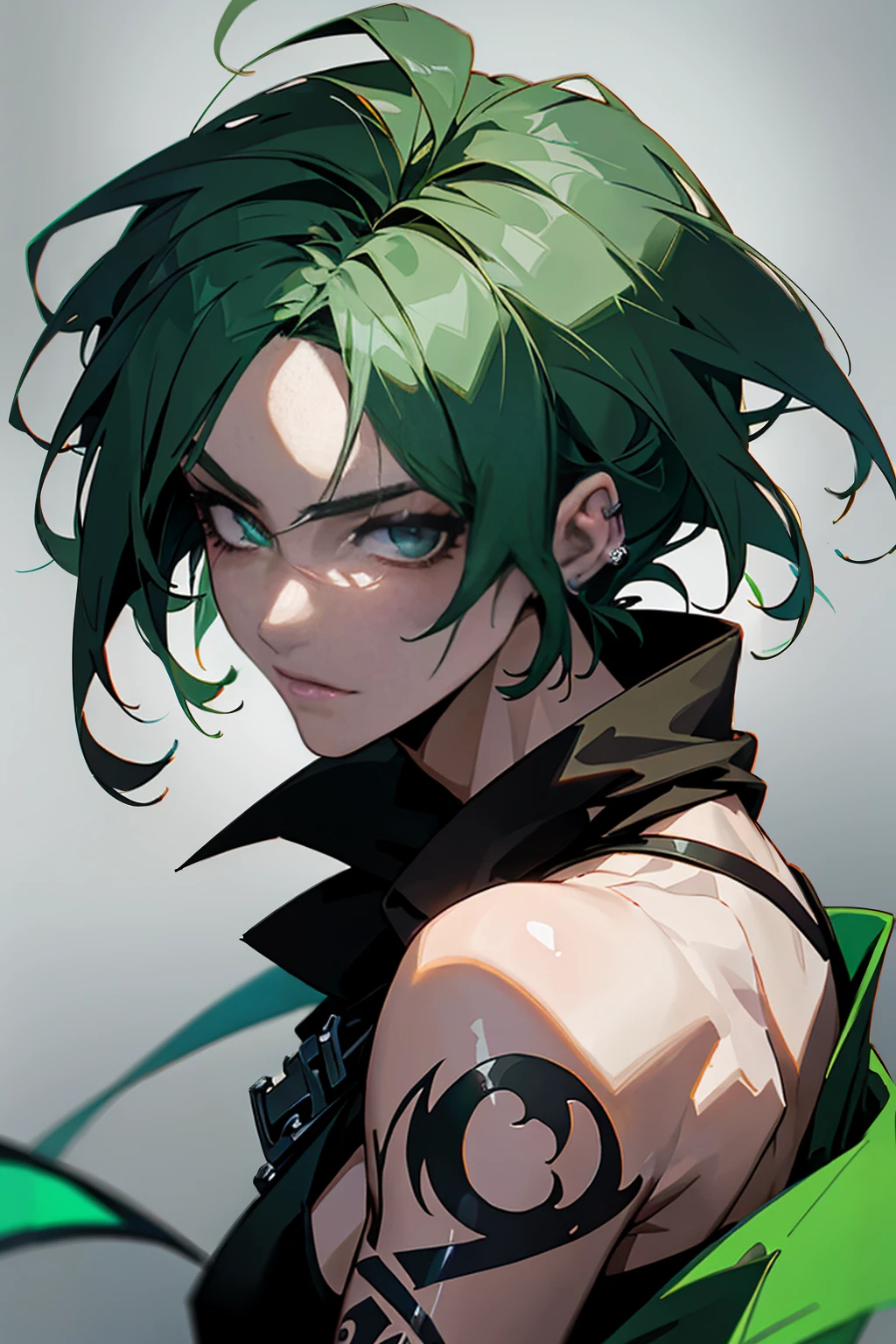Rogue, hansome, earing, blackhighlightgreen hair, use dragger, tattoo, 21 yearold, fantasy, green eye, dark blackground , villianface, kind, legend, fashionhair